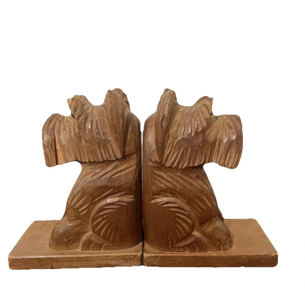 Vtg Terrier Dog Carved‎ Wood Bookends Made in Japan